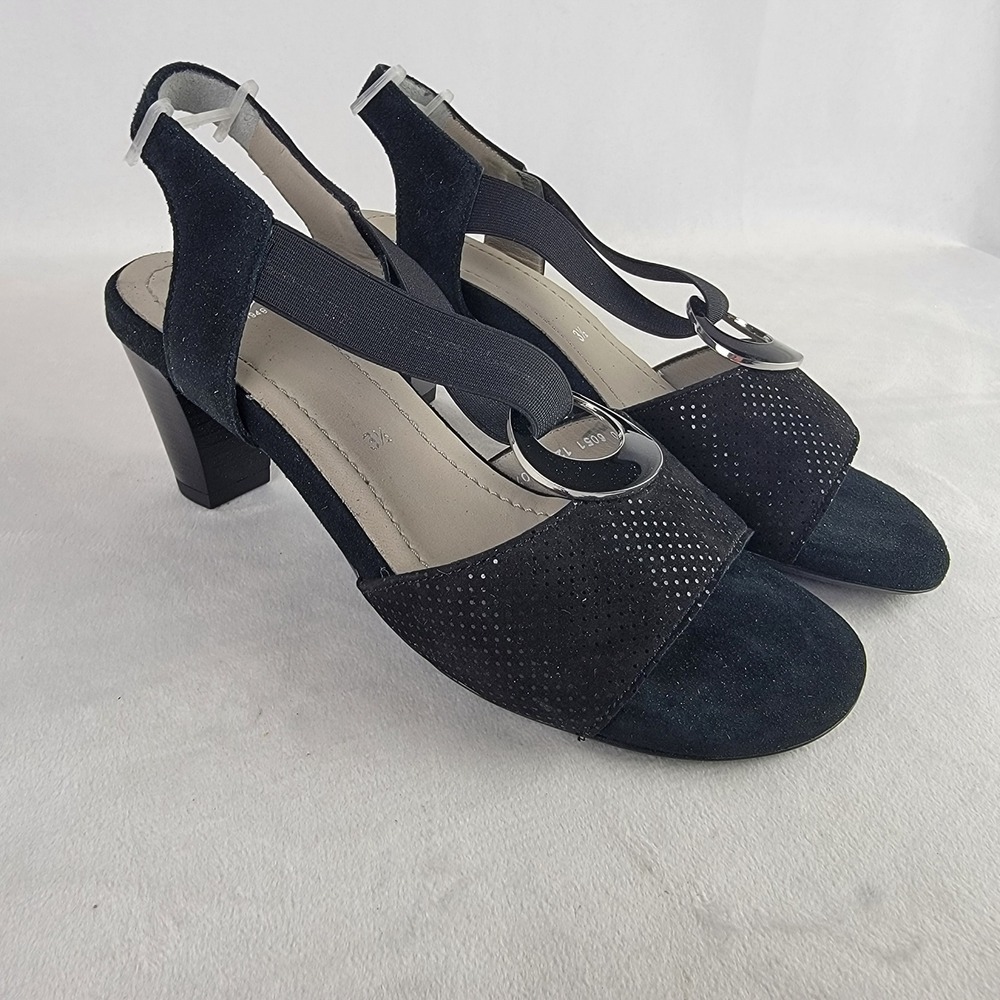 Ara Black Suede Perforated Slingback Block Heels Sandals Size 3.5 US 6